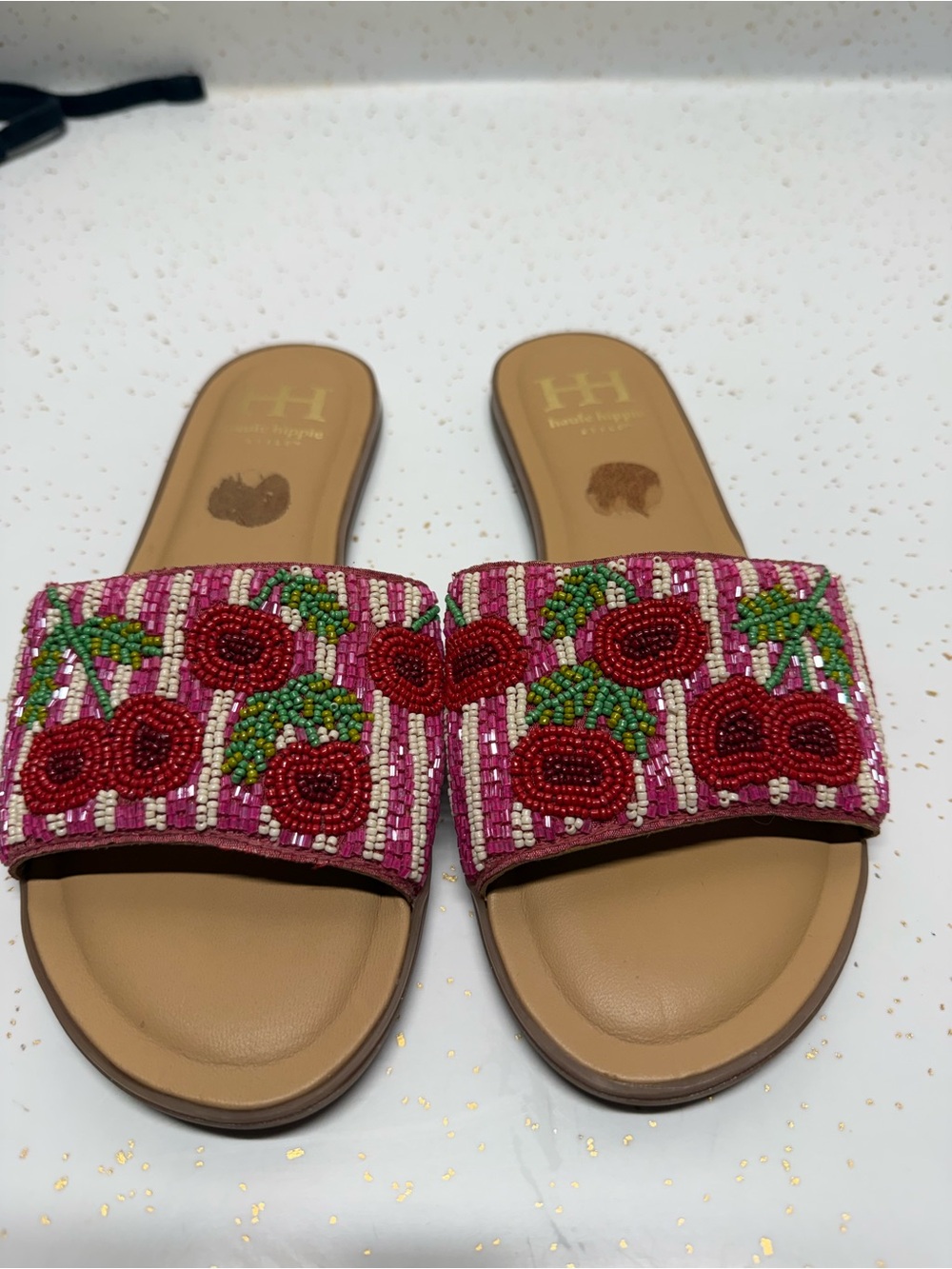 Haute Hippie Pink Beaded Cherry Slide Sandals